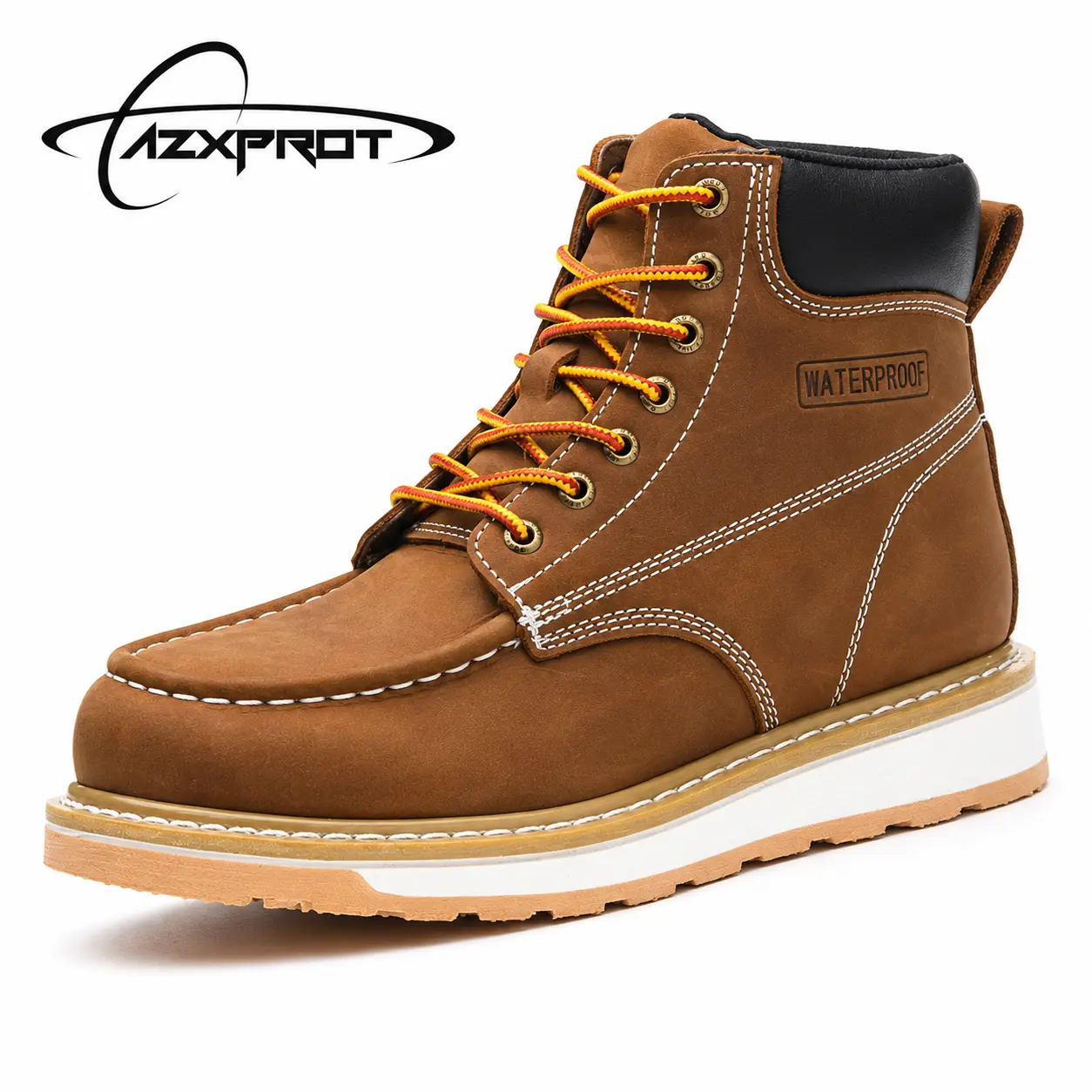 AZXPROT Men's Moc Toe Work Boots, 6-Inch Waterproof Full Grain Leather Footwear with Lightweight Rubber Sole for Gardening & Farming, Breathable