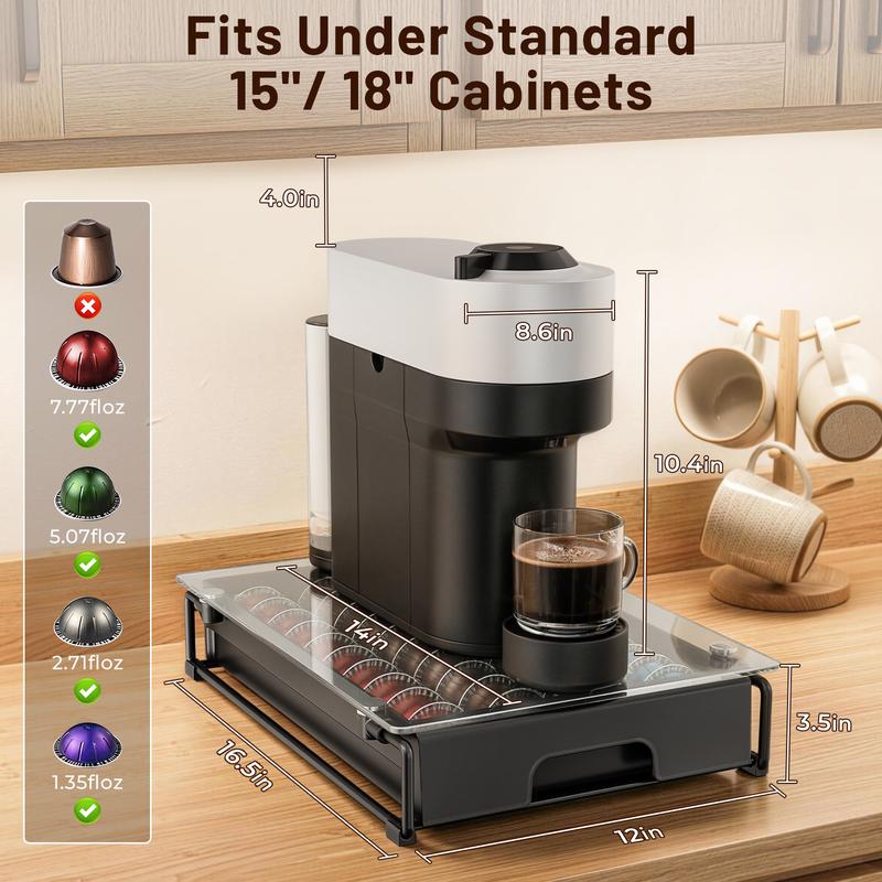 EVERIE Crystal Clear Tempered Glass Coffee Pod Drawer Durable Metal Frame Slide-out Organizer Holder Box Compatible With Nespresso Vertuo Capsules Holds 40 7.77 floz / 52 1.35 floz for Coffee Bar & Kitchen Countertop