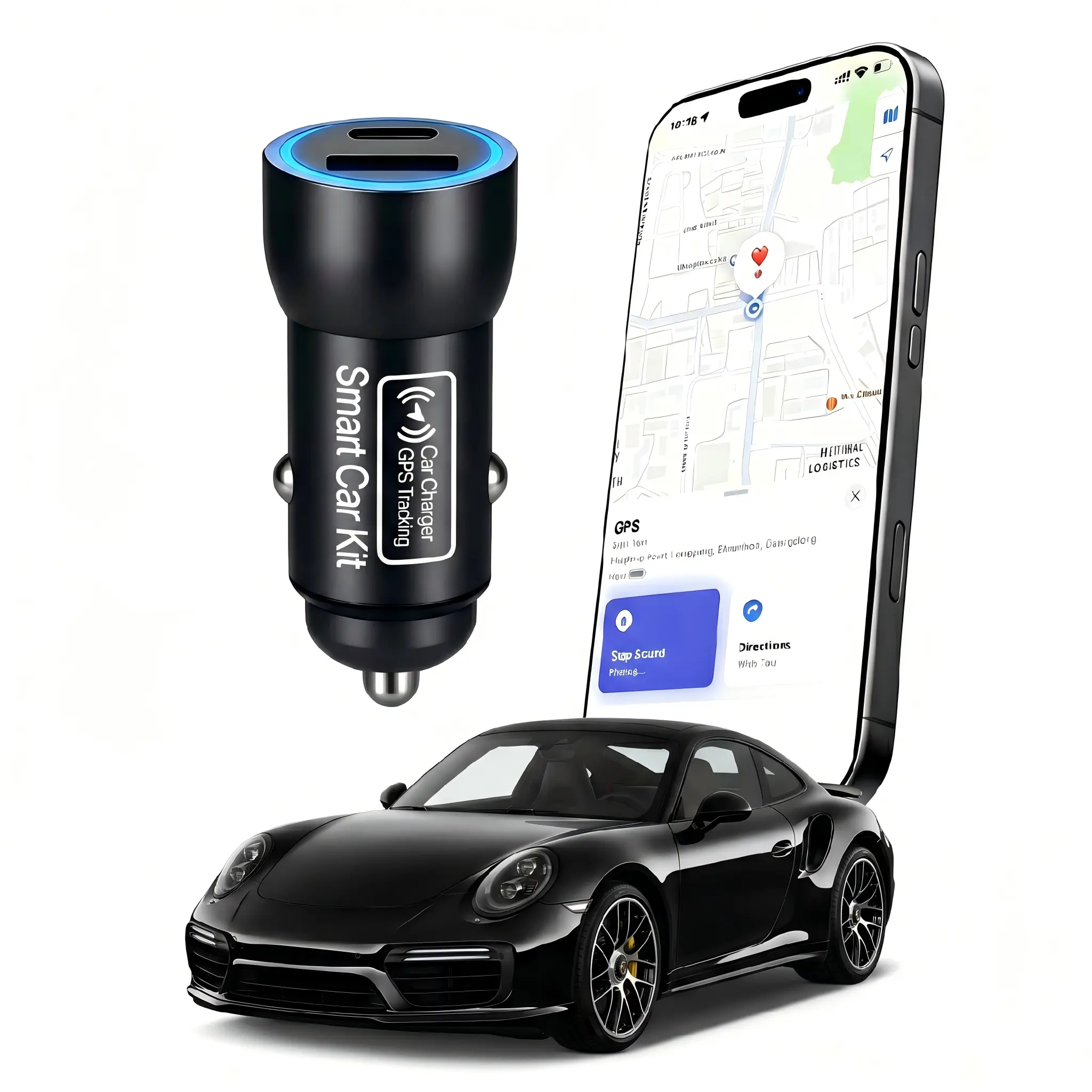2-in-1 Car Charger and GPS Tracker—Compatible Only with iOS “Find My,” 38-watt LED fast-charging cigarette lighter adapter, multi-purpose 1-to-2 USB port splitter, real-time vehicle tracking, hidden plug-in tracker, no monthly fees or SIM card required