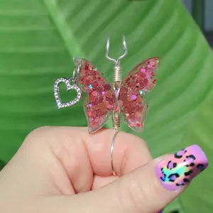 Pink Sequin Butterfly Ring With Heart Charm