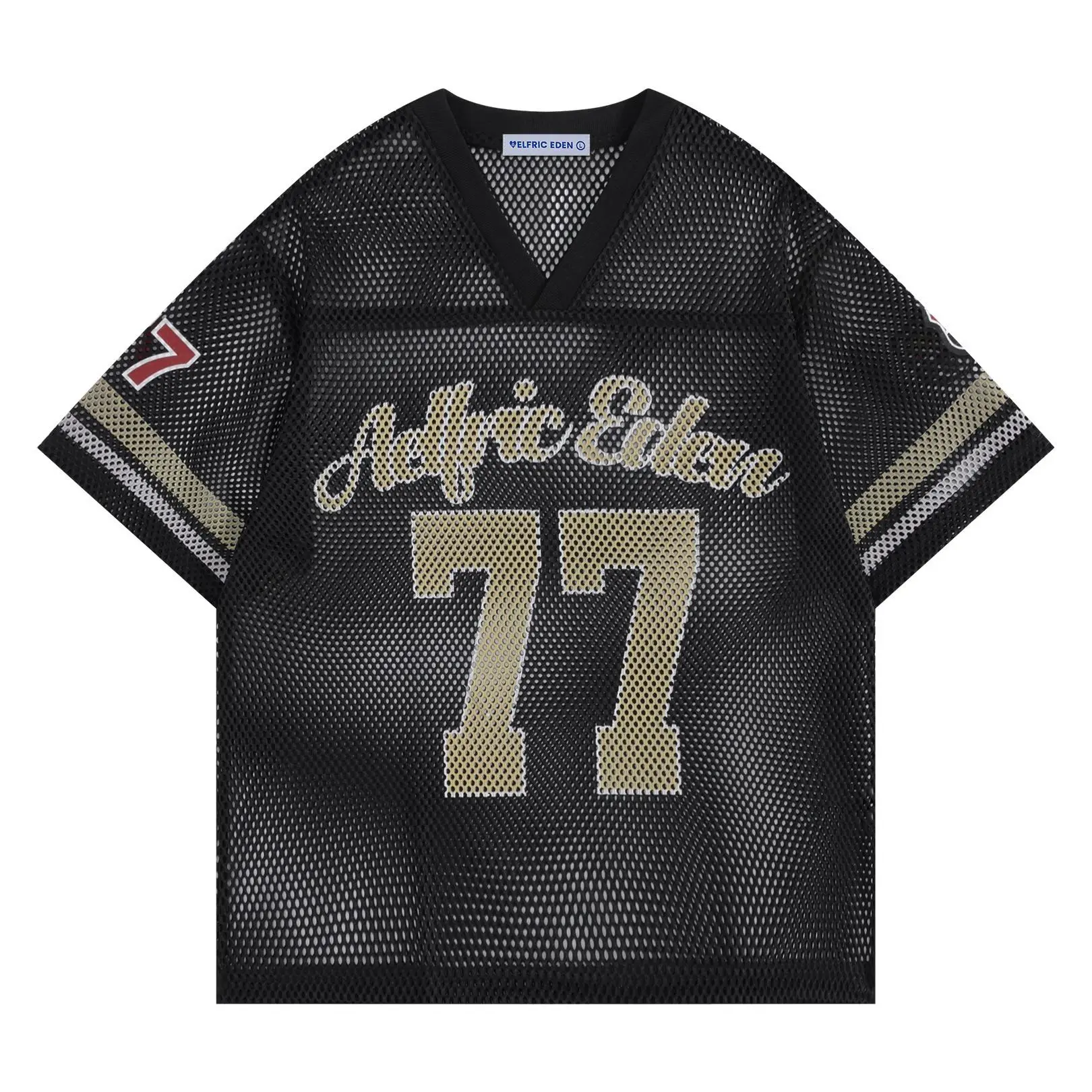 AELFRIC EDEN Men's Graphic T-Shirt, Vintage Jersey Style Mesh Activewear with an Oversized V-Neck and Number Print for Streetwear, Polyester, Men's T Shirts, Vintage T Shirts,clothes for back to school,first day of school outfits