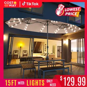 COSTWAY 15/13Ft Solar Patio Umbrella with Base, Extra Large Outdoor Double-Sided Twin Umbrella with 36 LED Lights & Crank Handle for Garden, Deck, Poolside, Patio