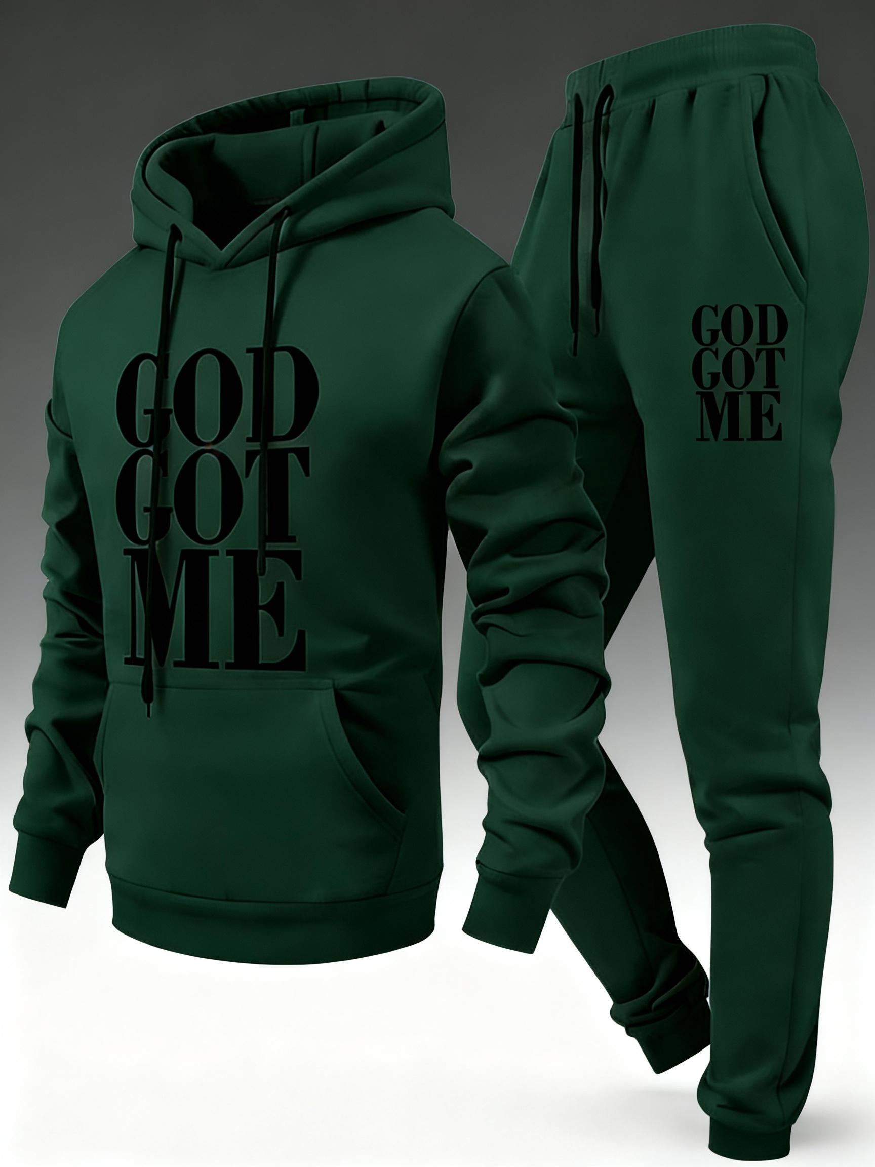 Men's 2-piece faith-themed athletic set, featuring "GODGOTME" printed hoodie & drawstring elastic waist pants, made from soft and comfortable fabric, suitable for everyday wear, street style, and casual outfits