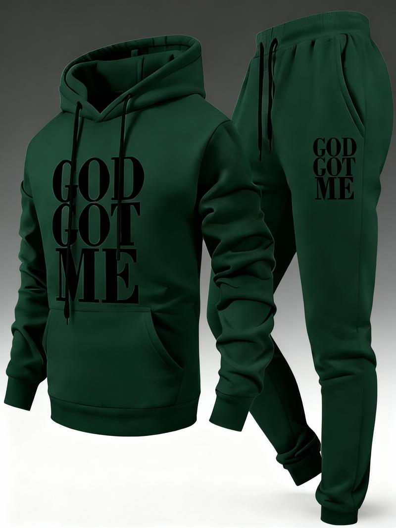 Men's 2-piece faith-themed athletic set, featuring "GODGOTME" printed hoodie & drawstring elastic waist pants, made from soft and comfortable fabric, suitable for everyday wear, street style, and casual outfits