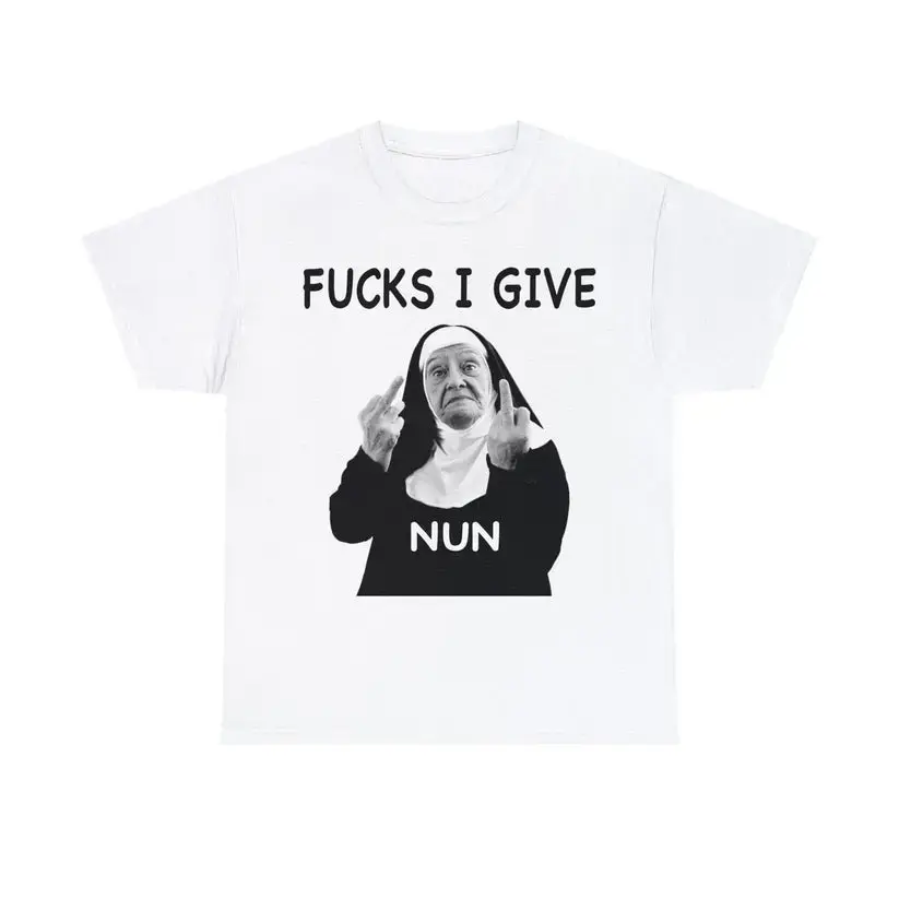 Men's Cotton Casual Short-Sleeve Round Neck T-Shirt - Funny Gen Z Dank Meme "Nun Middle Finger F*ck I Give" Vintage Parody Streetwear Crewneck Top, Shortsleeve, Tshirt