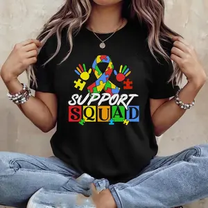 Autism Awareness Support Squad T-Shirt  Puzzle Ribbon Inclusion Gift Casual Cotton Menswear