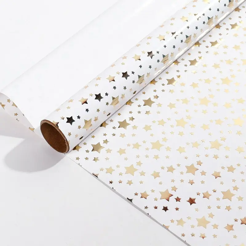 Premium Gold Foil White Wrapping Paper, Elegant Metallic Shine Gift Wrap for Wedding & Anniversary, Cute Heart / Star / Diagonal Stripe Patterns, Minimalist High-End Packaging, 1 Roll