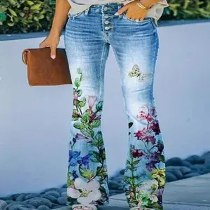 [Floral Women Jeans] Trendy Floral Jeans | Faux Thin Bell Bottoms Bootcut Trousers For Streetwear
