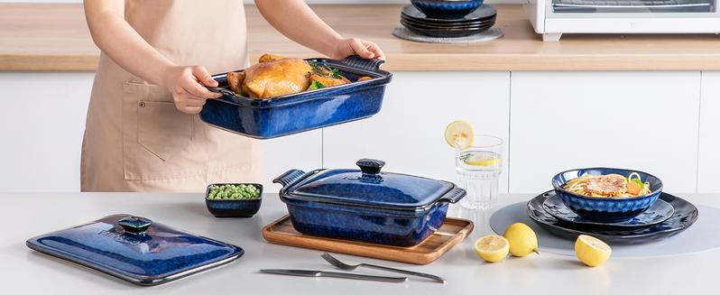 vancasso Starry 1.9/3.8 Quart Casserole Dish, Large Lasagna pan with lid, Stoneware Casserole with lid, Microwave Safe, Blue Heat Resistant Bakeware Oven