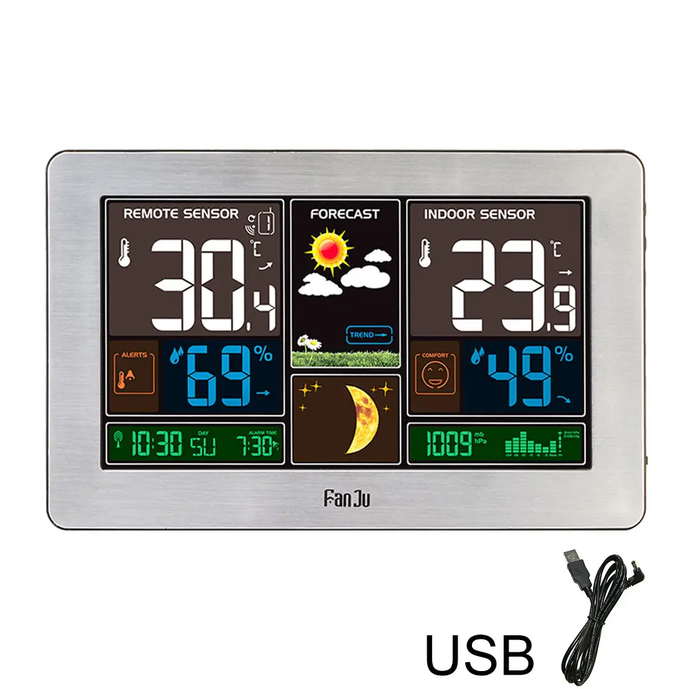 Minimalist Digital Wireless Weather Station with Color Display, Indoor-Outdoor Thermometer Hygrometer Gauge, Remote Sensor, USB Powered Monitoring, USB Charger, Clock (US)