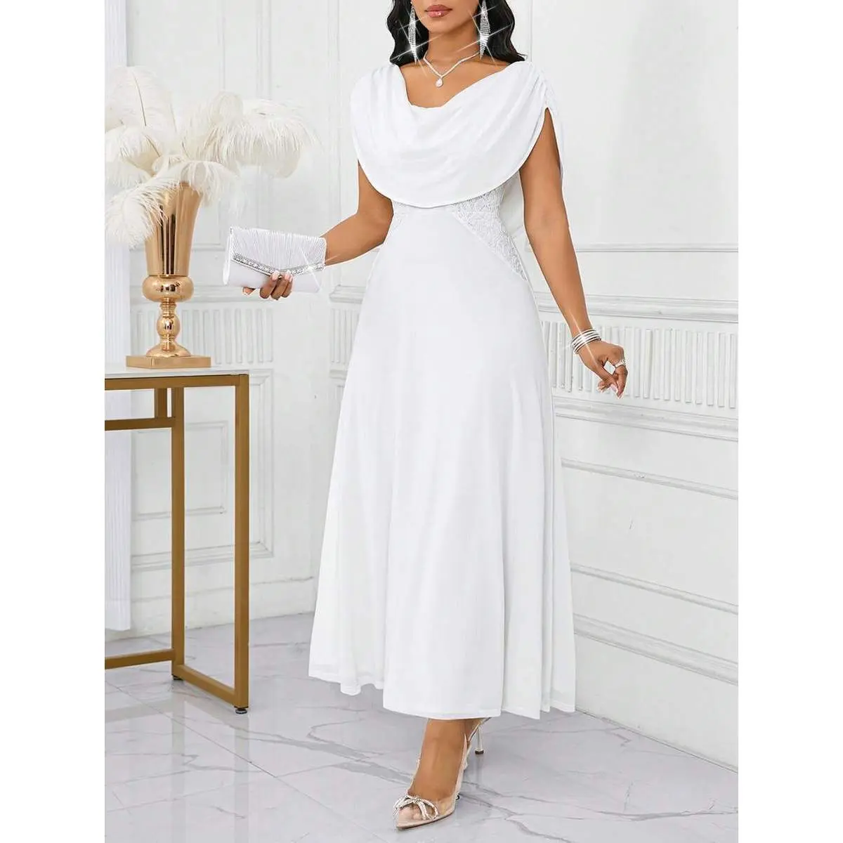 Lady Plus Size Women Elegant White Summer Formal Party Dress,Solid Color Swing Cowl Neck A Line Midi Draped Wedding Guest Birthday Vacation Outfits