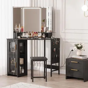 Black Corner Vanity Desk and Stool, Corner Makeup Vanity with LED Lighted Mirror Charging Station and Cabinet for Bedroom