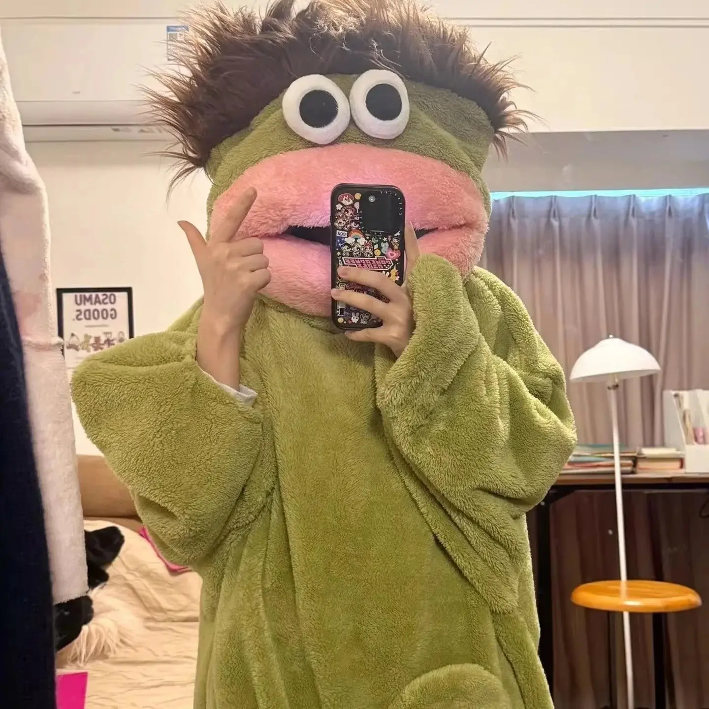 Autumn Winter Big Mouth Monster Cartoon One Piece Pajamas Thick Coral Fleece Warm Soft Casual Couple Home Loungewear In Stock