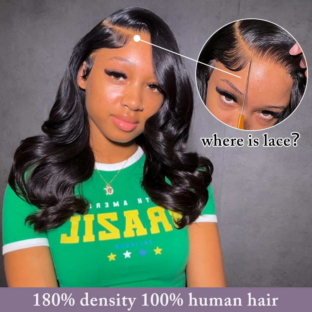 180% Density Body Wave Bob Wig Human Hair 13x4 HD Lace Front Pre Plucked Glueless Natural Black Wig for Women