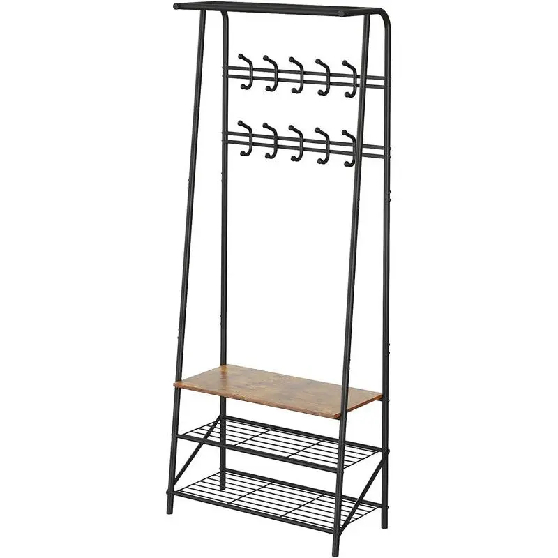 Freestanding Wooden Coat Rack - 4-in-1 Indoor Furniture, Decorative Metal & Wood Design, Double Rows, 5/10 Hooks, Trapezoid Base, 25.2-inch Shelves, Shoe Storage, Durable, Easy Setup, Space-Saving for Living Room, Bedroom