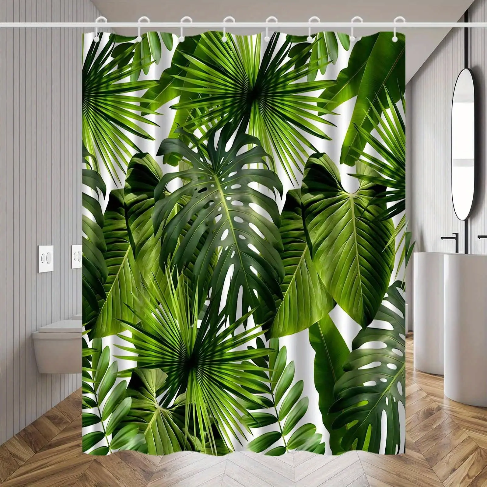 1pc Tropical Palm Leaf Print Shower Curtain - Green Polyester High-End Elegant Bathroom Curtain, Decorative Home Partition Textile Accessory, Shower Curtains