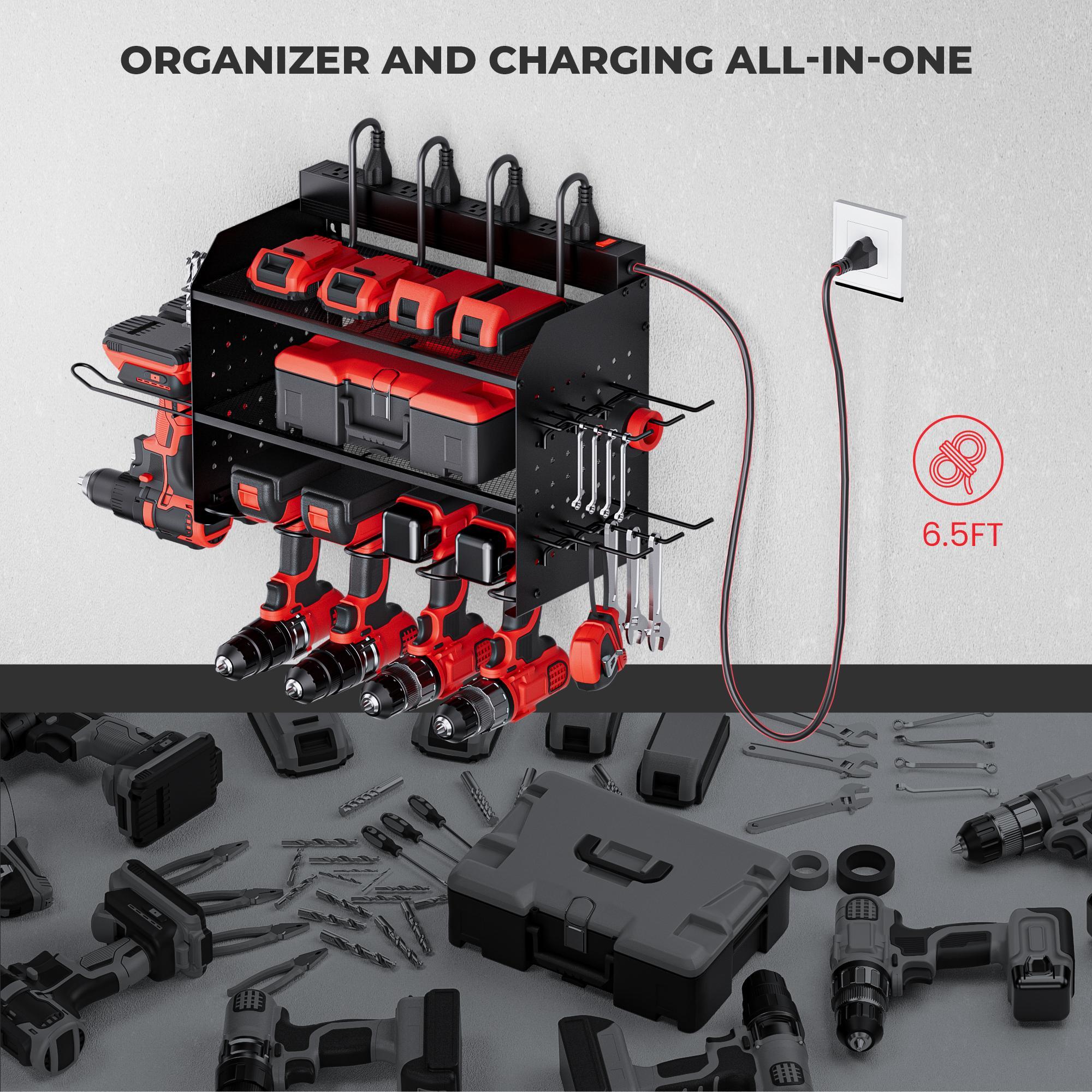 TRZZ   Power Tool Rack with Charging Station Wall Mount 3-Layer Efficient Storage Garage Tool Storage Shelf Heavy Duty Iron Construction 80 LB Load-Bearing for Workshop Garage Parts,Warehouse & Closet