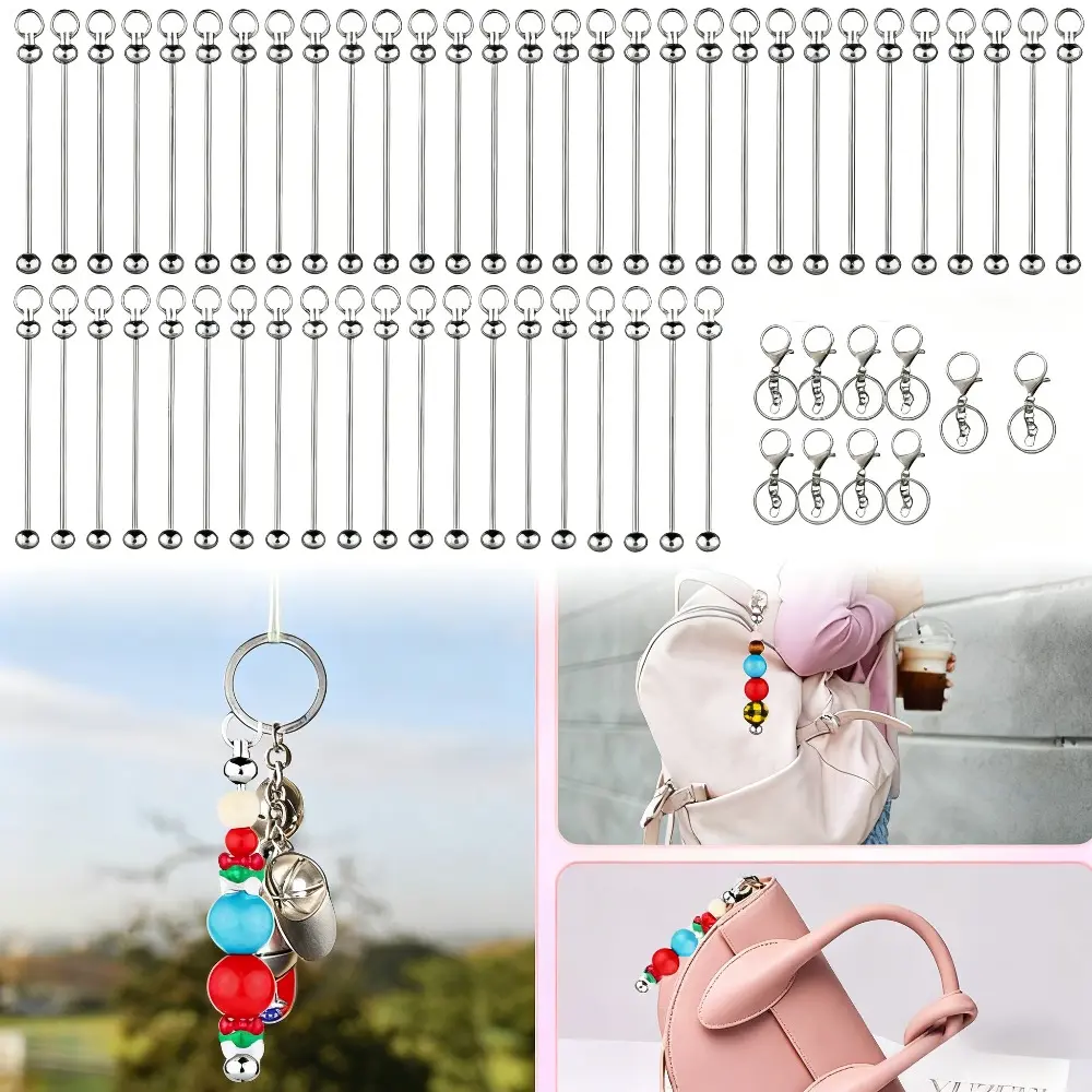 50pcs Blank Beadable Keychain Bars, Metal DIY Bead Keychain Bar Charms Detachable Key Chain Making Accessories chincraft cool cat bling titanium