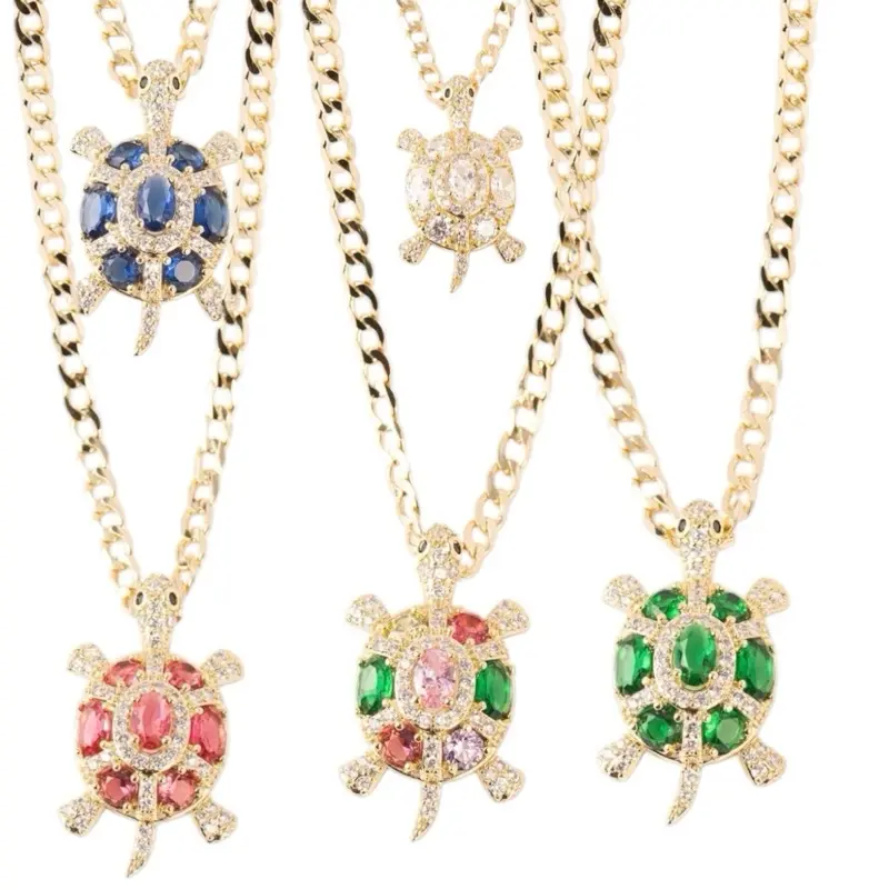 14K Gold Plated Cuban Chain 3mm Turtle Pendant 16" 18" 20" with Color Gem Options for Women