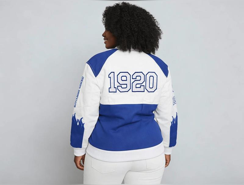 Zeta Phi Beta Flame Race Jacket - Women's Royal Blue & White Varsity Bomber with Embroidered Logo & Flame Graphics