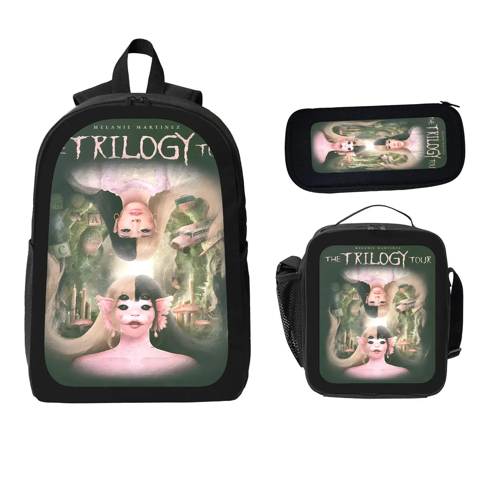 Melanie Martinez Unisex 3-Pcs Polyester School Backpack Set for Kids, Large Space Water Resistant Bookbag with Insulated Lunch Bag & Pencil Case, Daily Use Travel Daypack for Elementary-Middle School A-26