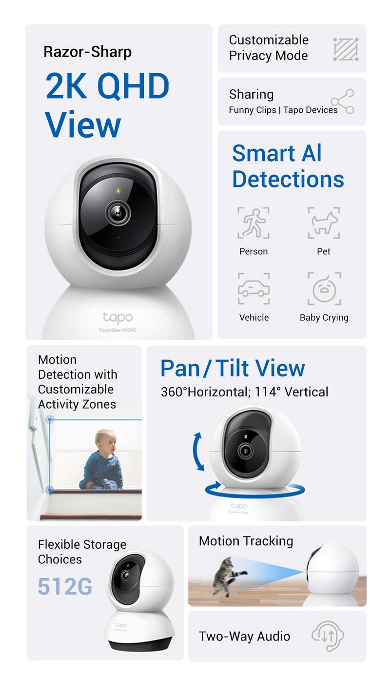 TP-Link & Tapo C220 2K Pan/Tilt Smart Security Camera – Pet & Baby Monitor with Motion Tracking, Starlight Night Vision, 2-Way Audio, 512 GB Local/Cloud Storage, Alexa & Google Home