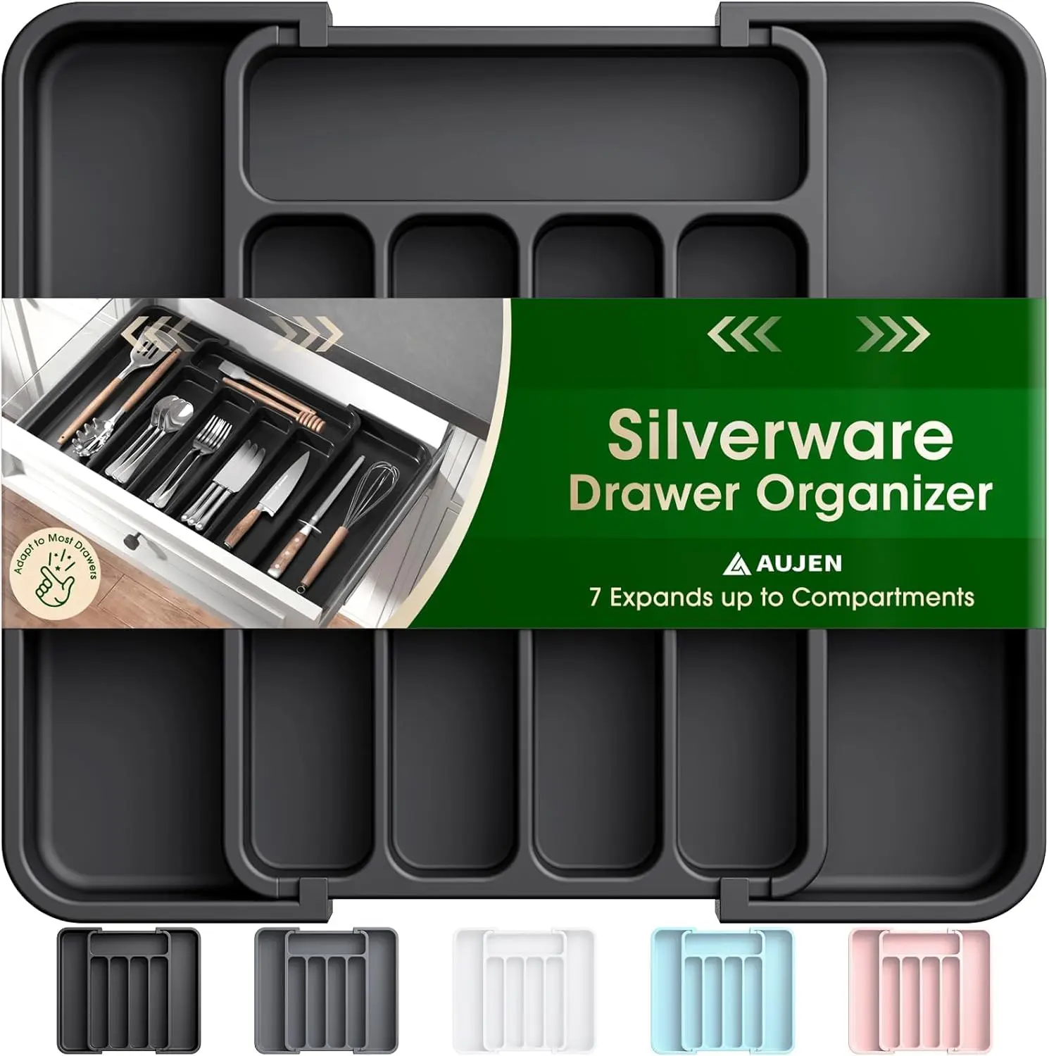Expandable Silverware Organizer for Kitchen Drawer – Adjustable Utensil Organizer Tray, Expandable Cutlery Drawer Organizer for Forks, Knives & Spoons, BPA-Free Kitchen Drawer Divider Storage Organizer, Black, Medium