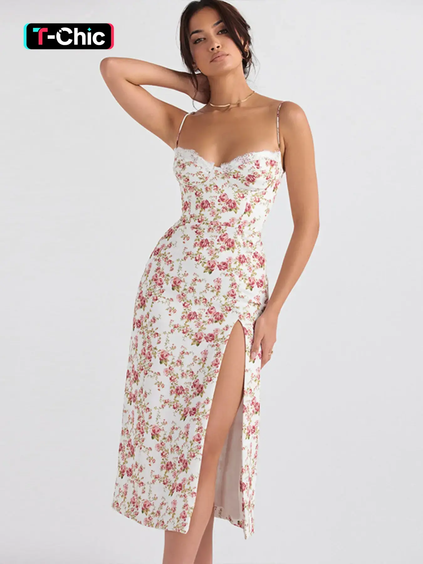 Women's Ditsy Floral Print Contrast Lace Side Split Bodycon Fit Spaghetti Strap Cami Polyester Dress, Bohemian Boho Style Casual Wear Sleeveless Midi Dress for Summer Beach Holiday Vacation, Boho Summer Clothes, Womenswear