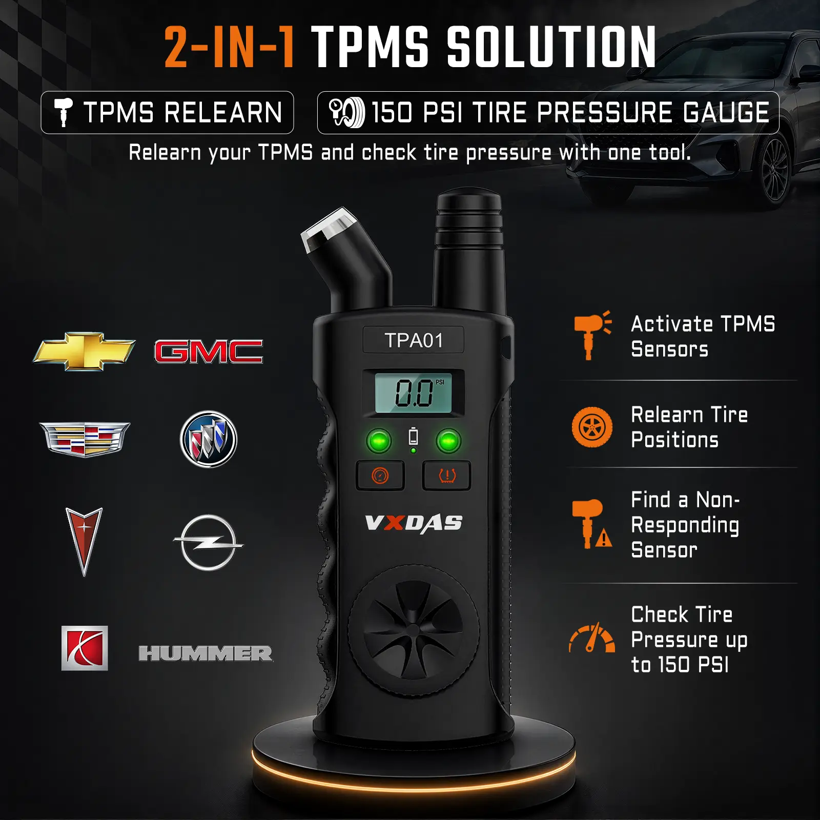 [GM Only] VXDAS TPA01 2-in-1 TPMS Relearn Tool & 150 PSI Digital Tire Pressure Gauge for Chevy, GMC, Buick & Cadillac, Tire Sensor Activation and Pressure Tester