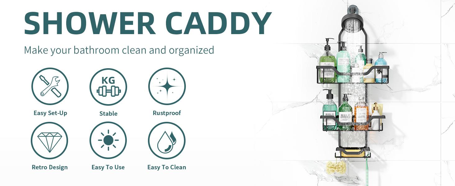 Shower Caddy Hanging Adjustable Shower Caddy, Rustproof Shower Organizer Extended Length Shower Caddies Over Shower Head with Hooks Soap Holder, Large Capacity Anti-Swing Bathroom Storage, Black