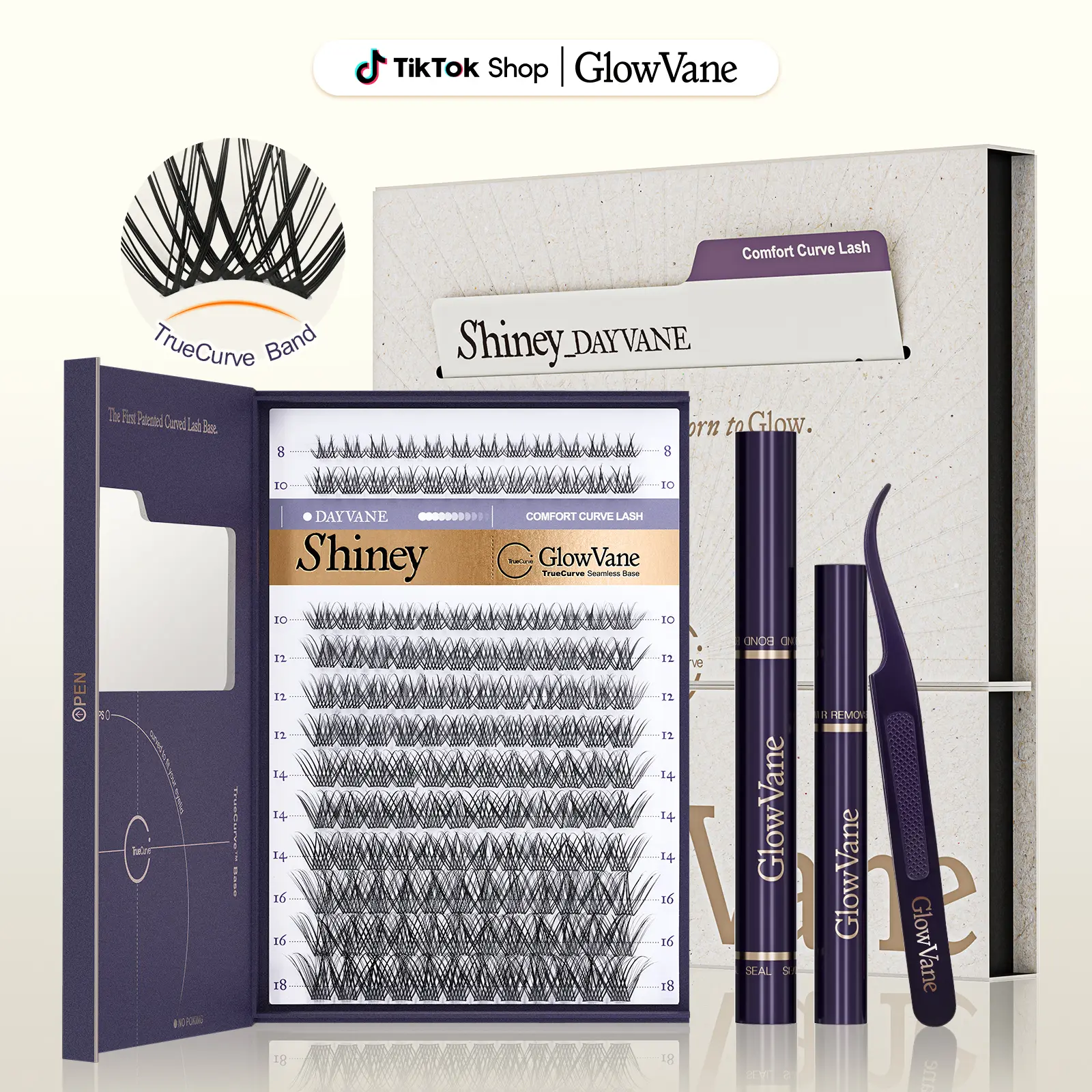 GlowVane TrueCurve D Curl Lash Clusters Kit, 0.03mm Soft Fluffy 8-18mm Long-Lasting Waterproof Individual Eyelash Kit False Eyelashes & Adhesives for Beginners Natural Daily Volume Style, Individual Lashes False Eyelashes & Adhesives, Fairy Lashes