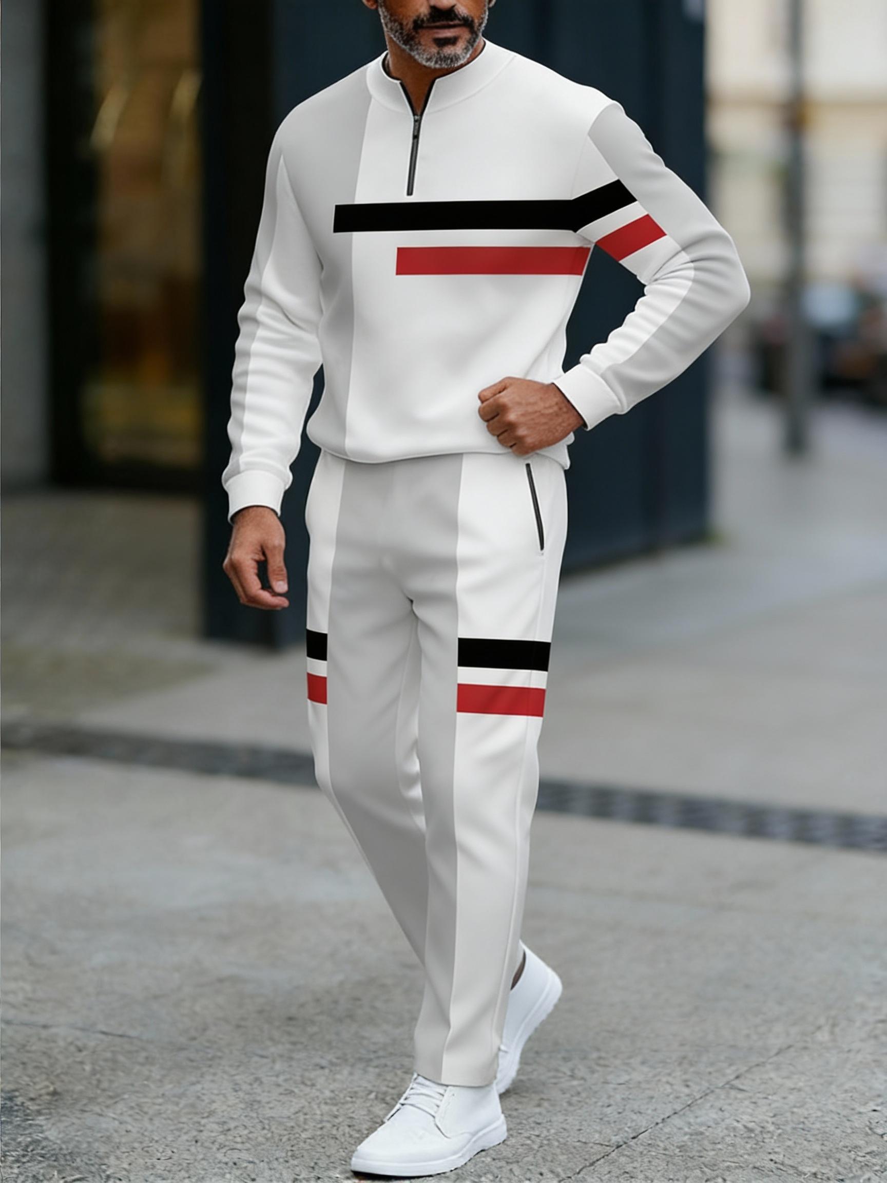 European and American two-piece men's white sports suit |     Geometric stripe design, semi open collar |     High quality polyester fiber fabric, wrinkle resistant and easy to maintain |     Fitness trend, suitable for sports and leisure style