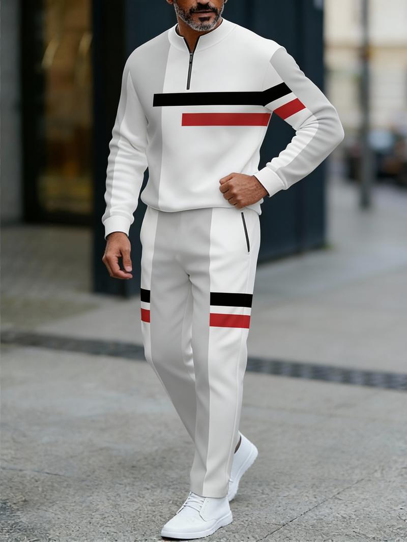 European and American two-piece men's white sports suit |     Geometric stripe design, semi open collar |     High quality polyester fiber fabric, wrinkle resistant and easy to maintain |     Fitness trend, suitable for sports and leisure style