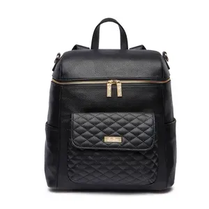 Monaco Diaper Bag | Ebony Black | Premium Vegan Leather | Convertible Backpack & Tote | Luxe Quilted Mom Bag with Multiple Pockets Durable Durable