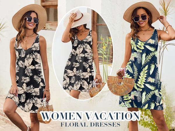 Women's Casual Sundress with Pockets Spring Summer Boho Beach Dress Floral T-Shirts Dress V Neck Loose Tank Dresses Flowy Swing A-Line Mini Dress Machine Washable Elegant Womenswear Thin Slightly translucent Sizes run small