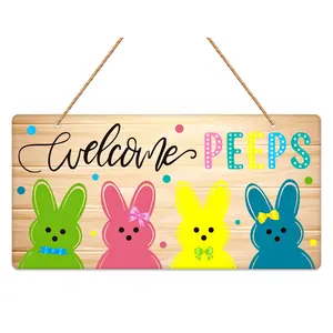 Easter Door Decorations Welcome Peeps Door  Bunny Decor  Spring Easter Door Hanger  Plaque for Wall Home Window Farmhouse Indoor Outdoor Spring Decorations Sign