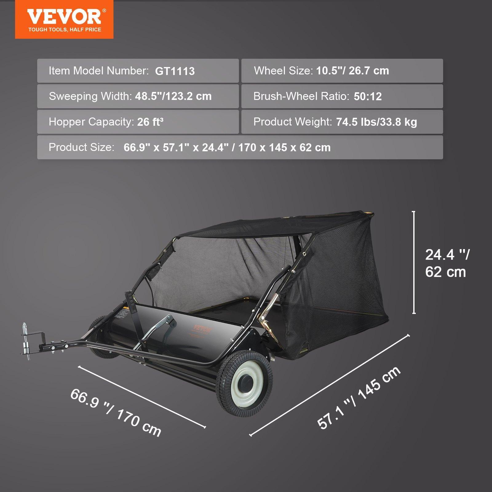 VEVOR Push Lawn Sweeper, Various specifications, Leaf & Grass Collector, Strong Rubber Wheels & Heavy Duty Thickened Steel Durable to Use with Large Capacity. Mesh Collection Hopper Bag, Spinning Brushes