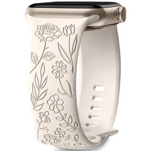 Flower Engraved StarLight Replacement Band Compatible with Apple Watch Bands, valentines gifts for gf, fashion boohs for Women, Soft Silicone Strap With Dressy Decorative Apple Watch Charms for iWatch Series 11 10 9 8 7 6 5 4 3 2 1 SE