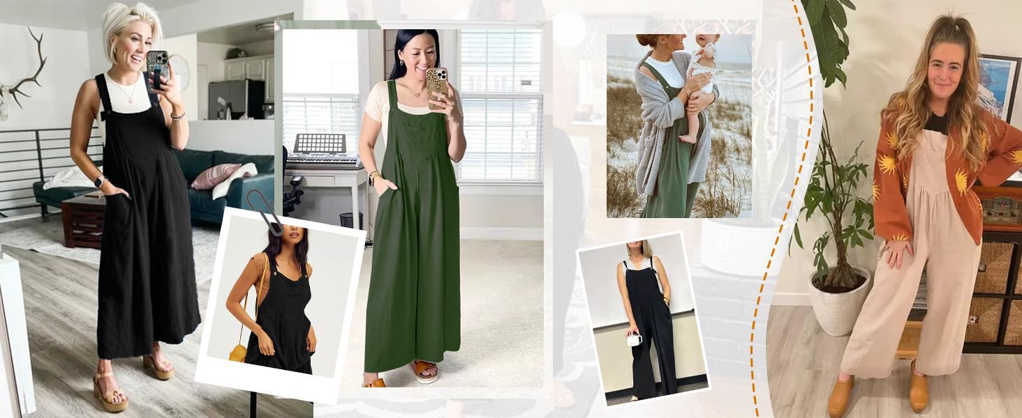 JovenPara Womens Loose Linen Bib Overalls Comfy Sleeveless Adjustable Straps Wide Leg Jumpsuit with Pockets