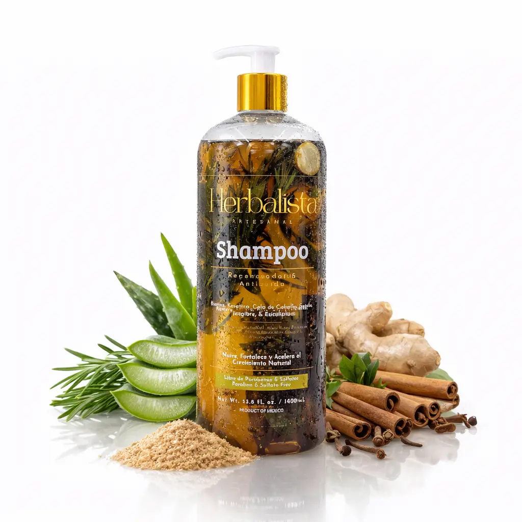 Herbalista Viral New Herbal Shampoo 1000ml (33 fl oz) - With Real Pieces of Rosemary, Cinnamon, Anise, Clove, Aloe, Ginger, & Eucalyptus - Fortalece, Regenera, Acelera Crecimiento – 100% Natural & Handcrafted