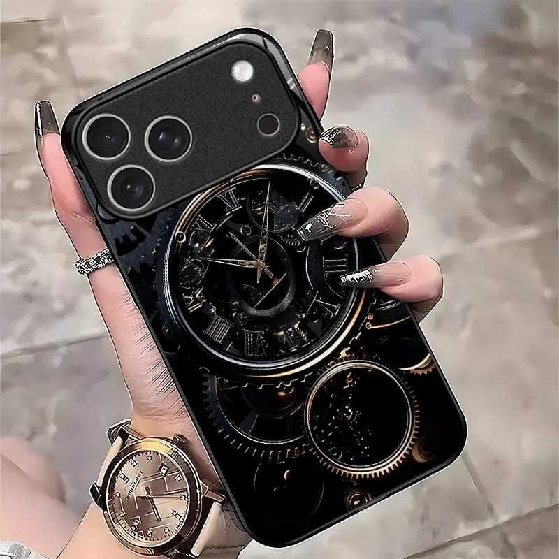 Steampunk style phone case,glossy black material with intricate golden gears for that timeless vibe ⌛🛒for iPhone & Samsung  Models-952