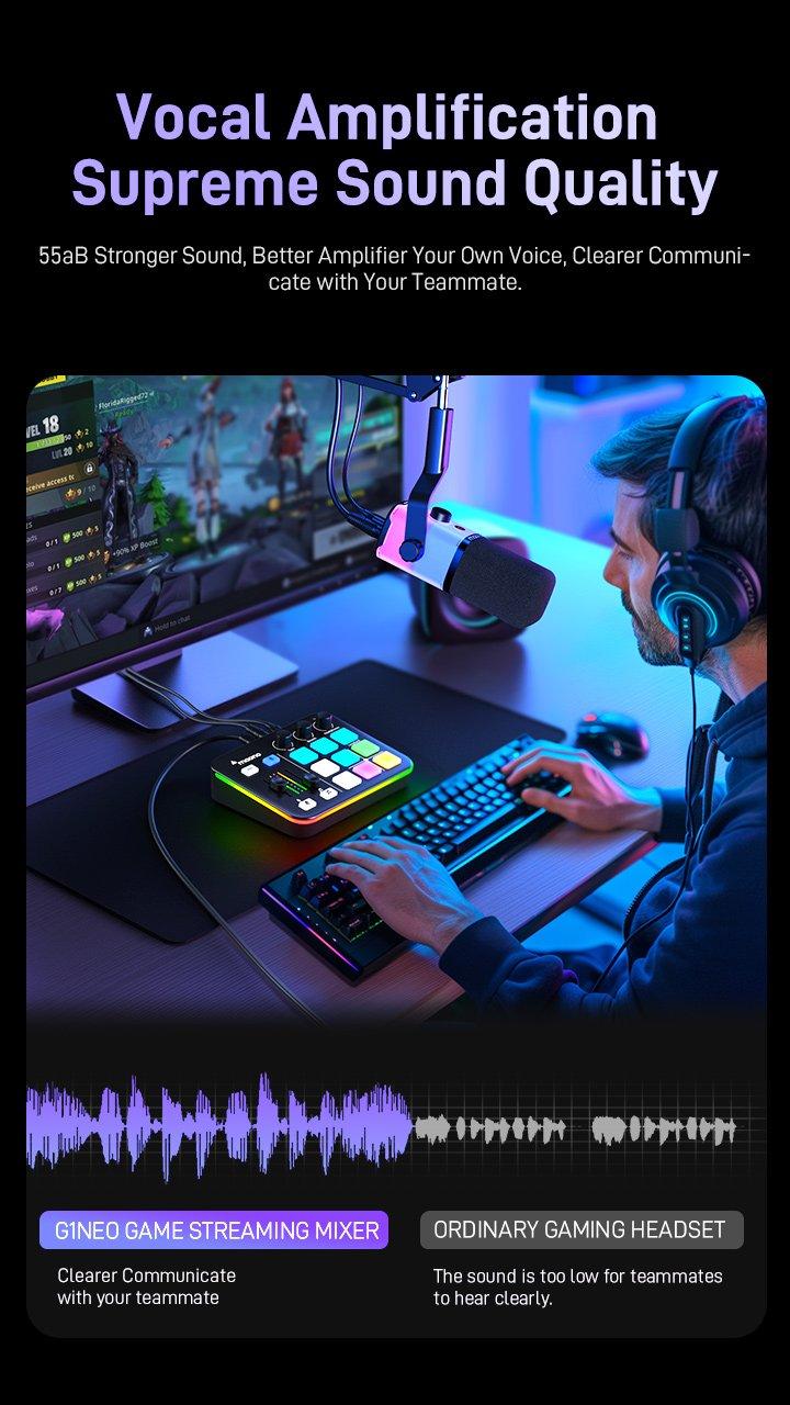 MAONO G1 NEO RGB USB Audio mixer with Bluetooth, Noise reduction, easy to use with PC, Smartphone, XLR microphone, ideal for gaming and streaming.
