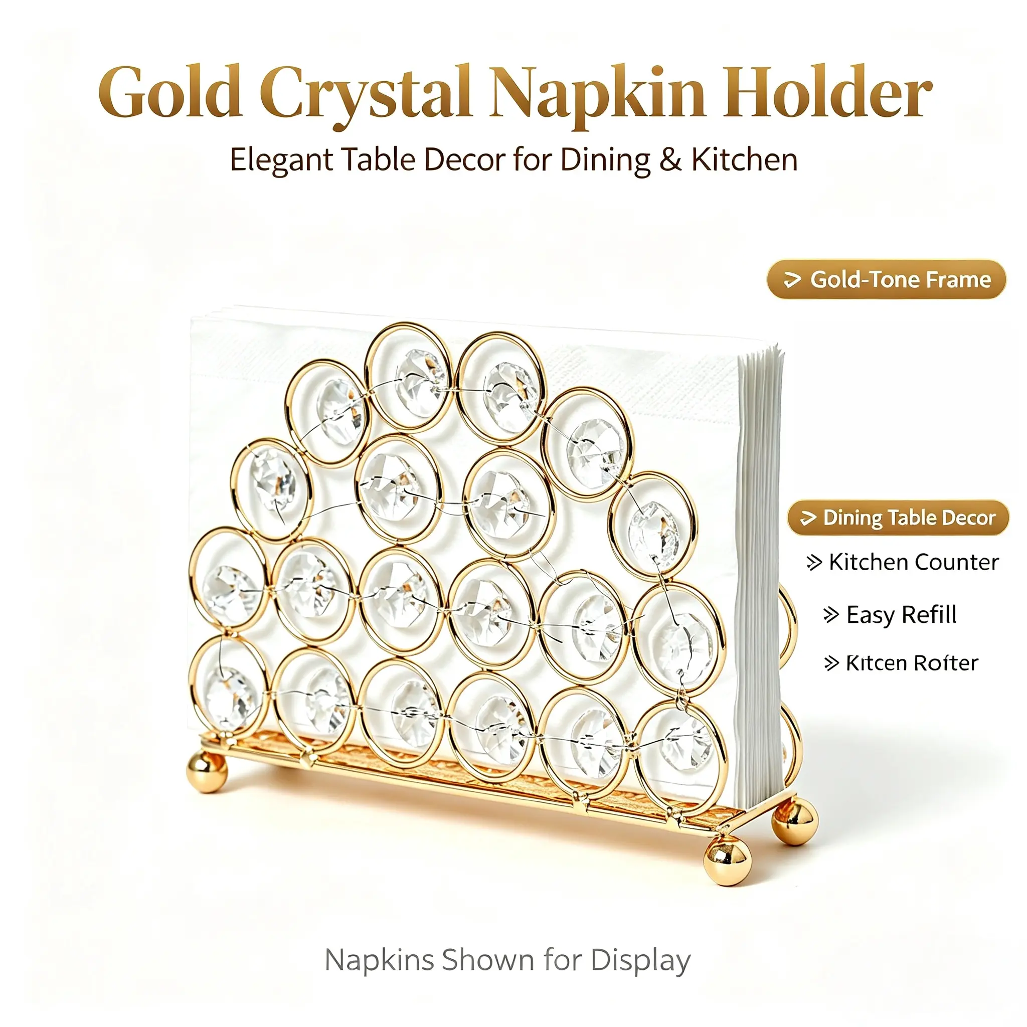 1Pc Iron & Crystal Metal Napkin Holder, Party Glam Design, Gold or Silver, Modern Kitchen Dining Table Organizer for Tissue & Cards, Christmas, Fall, Halloween, Wedding, Ceremony & Any Occasion