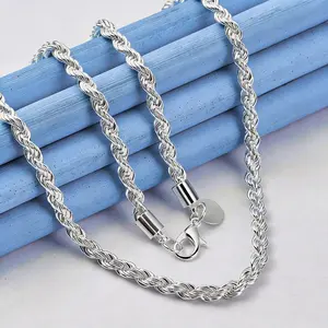 925 Sterling Silver plated Clasp Rope Chain 4mm Necklace for men woman Silver Link Chain for man women 19.68/23.62 Inches Wedding Engagement Jewelry