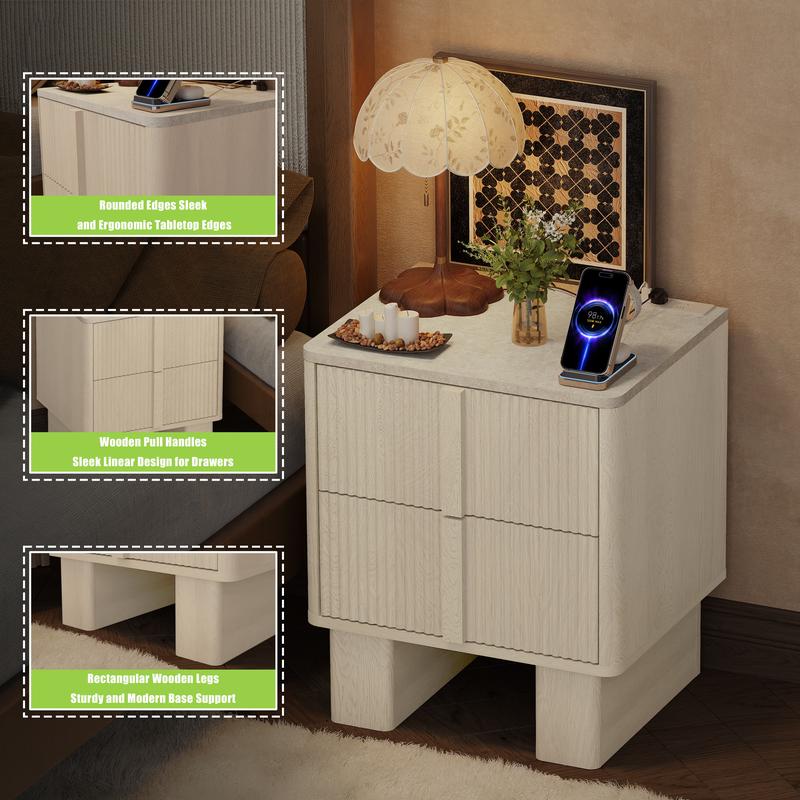 Modern Fluted Nightstand Set of 2 with Charging Station, 22" Tall Whitewashed Oak End Tables with 2 Spacious Drawers & Reinforced Wide Legs, Bedside Storage for Bedroom & Living Room