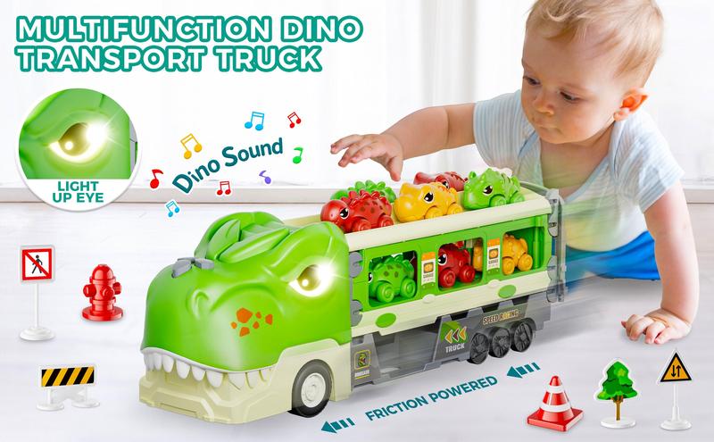 Durable Garage Multifunction Dinosaur/Princess/Unicorn Truck Toys for 2-7 Year Boys & Toddlers Foldable Track 2 Player Race Mode Light Sound Transport Carrier with 6 Dino Cars 12 Accessories Birthday Christmas Gift Idea for Kids Girls