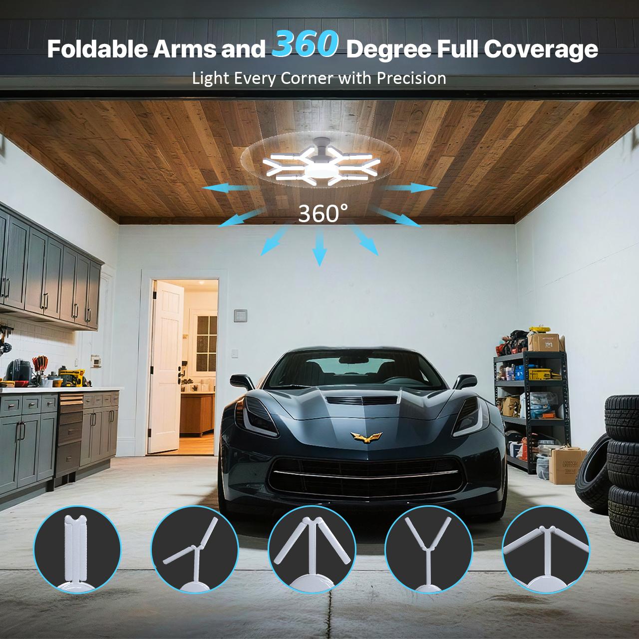 HYPERLITE 120W Bright LED Garage Light with Foldable Snowflake Panels 360 Degree Wide Lighting Easy Screw In Installation Energy Saving Durable Adjustable Angle High Lumen Output for Garage Basement Workshop Warehouse and More SpringGlowUp