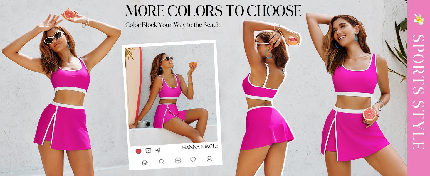 【S-2XL】Hanna Nikole Bikini Sets for Women Color Block Swimsuits with Side Slit Swim Skirt #TikTokShopBlackFriday