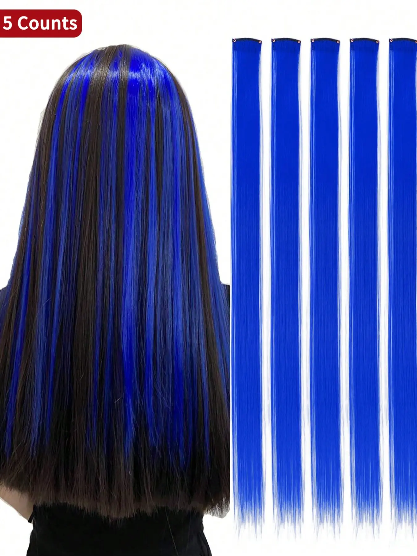 5 Pcs Red/Blue/Pink/Wine Red Clip-In Glueless Synthetic Hair Extensions, Artificial Hair Extension, 20 Inch Long Straight Hairpieces, Soft Colored Hair Pieces for Halloween Cosplay, Dress Up and Fashion Parties