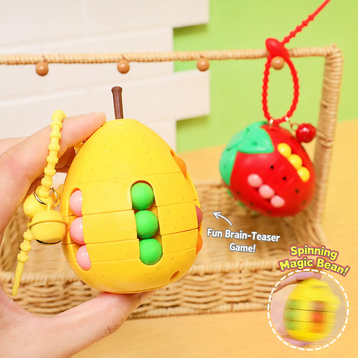 MINISO Unisex Fruit Theme Magic Beans Fidget Spinner Keychain - Rotating Puzzle Cube Pendant, Stress Reliever Anxiety Fidget Gadget for Bags (Ages 12+) #Summervibes, Back To School